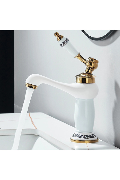 BisDesign Baterie monocomandă pentru chiuvetă/cadă de baie, finisaj alb/auriu antic, inele ceramice, dimensiune 20 cm
