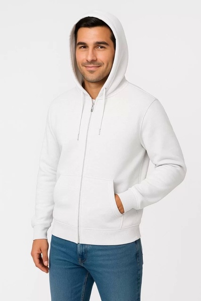 Silerra Men's Three Thread Hooded Full Zipper Kangaroo Pocket Sweatshirt Hoodie - White