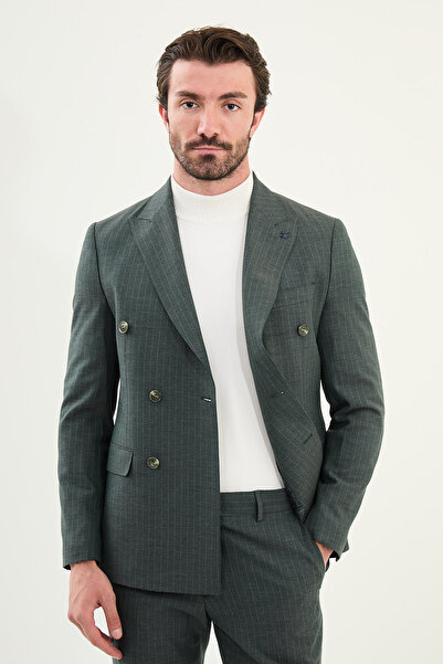 Mcr Çizgili Slim Fit Geniş Yaka Kruvaze Yün Erkek Takım Elbise Haki - 45416.25K