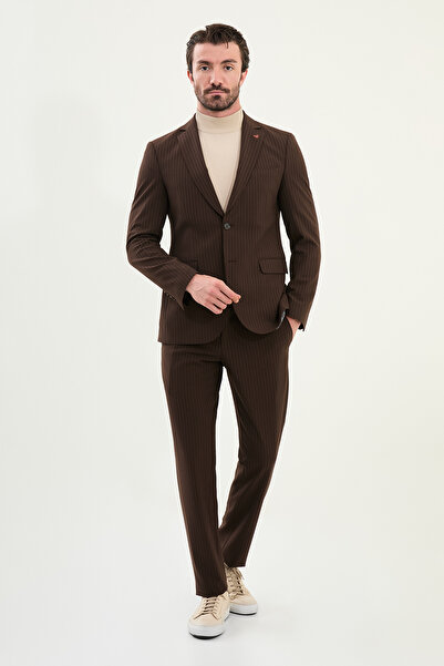 Mcr Çizgili Slim Fit Mono Yaka İpli Yün Erkek Takım Elbise Kahve - 45415.25K