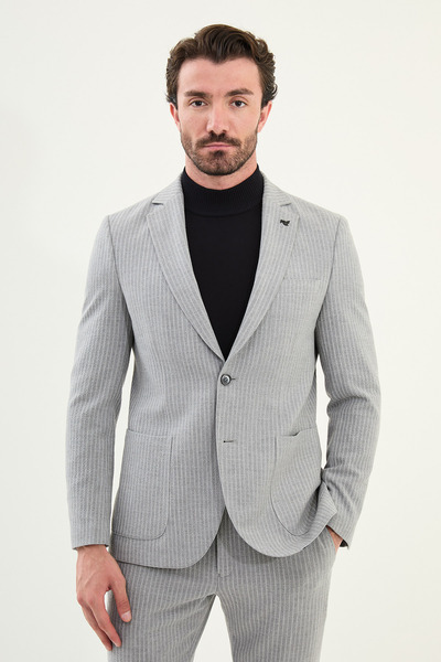 Mcr Striped Slim Fit Bag Pocket Mono Collar Men's Jacket Gray - 41460.25K