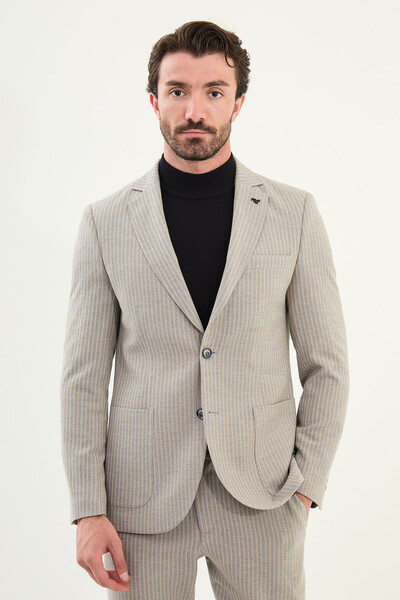 Mcr Striped Slim Fit Bag Pocket Mono Collar Men's Jacket Beige - 41460.25K