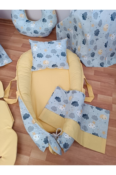 SARIYILDIZ BABYNEST Düz Sarı Mavi Bulutlu Oval Yataklı 10 Parça Babynest Seti