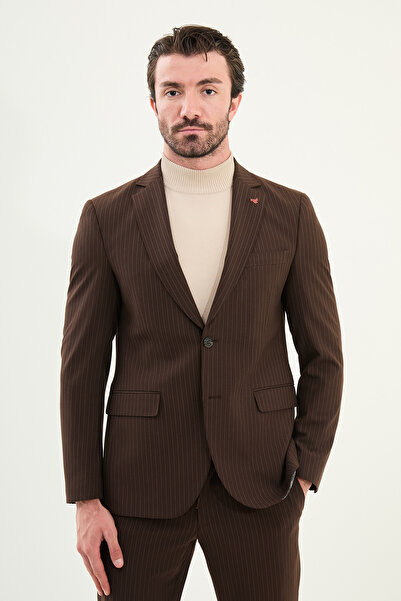 Mcr Çizgili Slim Fit Mono Yaka İpli Yün Erkek Takım Elbise Kahve - 45415.25K