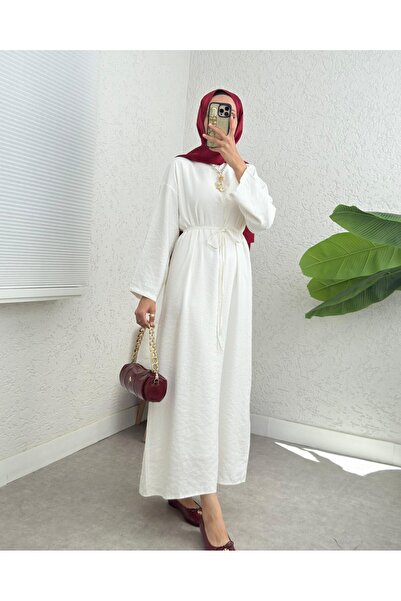 Modamorfo Linen Dress with Tie Waist and Back Zipper - Ecru