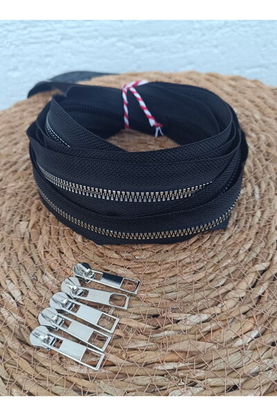 NGA's Черен T6 Сребърен зъб Костен цип Сребърна глава - 5 метра цип - 5 глави