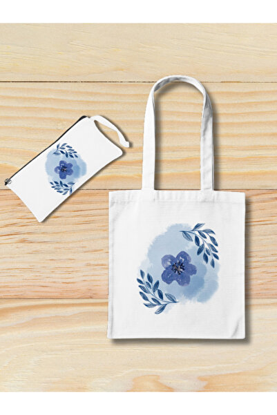 junobi Mavi Çiçek Desenli Bez Çanta + Kalemlik 2’li Avantaj Seti – 35x40 cm