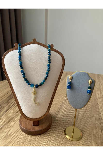 sadeart Mavi Akik Faset Kesim Doğal Taş Kolye – Denizkızı Uçlu- Küpe Hediyeli