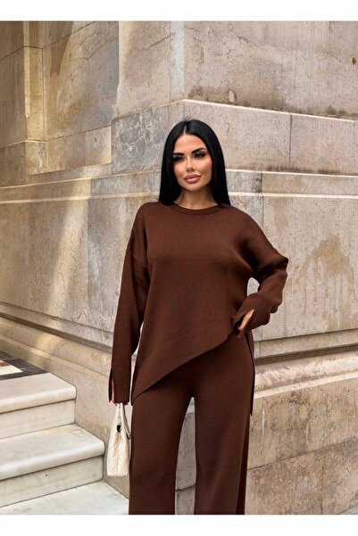 LB Laluna Butik Women's Knitwear Suit, Asymmetrical Cut Sweater and Palazzo Trousers with Slit Legs