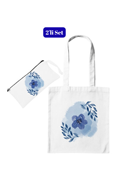junobi Mavi Çiçek Desenli Bez Çanta + Kalemlik 2’li Avantaj Seti – 35x40 cm