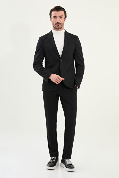 Mcr Striped Slim Fit Bag Pocket Mono Collar Drawstring Men's Suit Black - 45405.25K