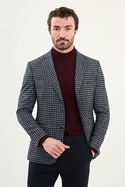 Mcr Houndstooth Pattern Slim Fit Mono Collar Wool Men's Jacket Navy Blue - 41468.25K