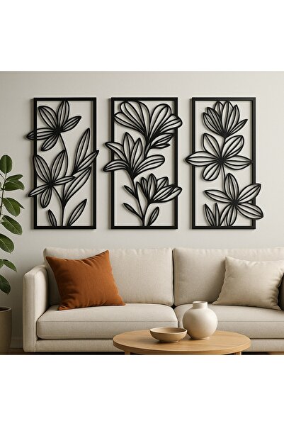 LUNOART 3'lü Metal Çiçek Tablo Seti | Modern Siyah Çerçeveli Duvar Dekoru