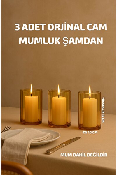 VENON 3 Adet Silindir Mumluk (ORJİNAL CAM ) Şamdan Ev Dekorasyon