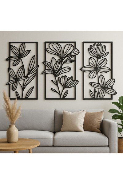 LUNOART 3'lü Metal Çiçek Tablo Seti | Modern Siyah Çerçeveli Duvar Dekoru