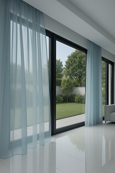 Ran Perde Dökümlü Düz Tül Perde - Açık Mavi - Pileli Dikim 1x2,5 Pile