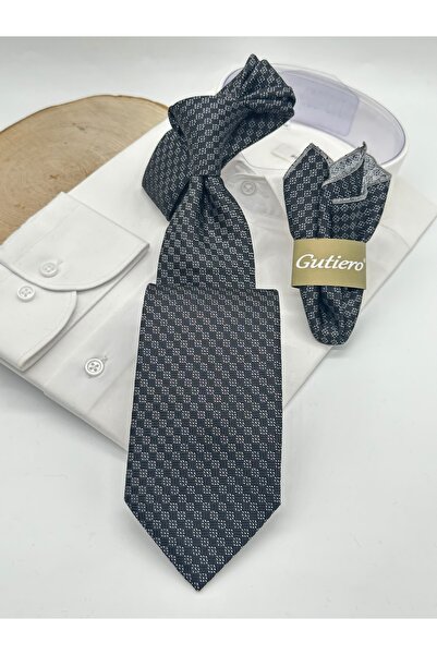 Gutiero Κλασική γραβάτα με μαύρο σχέδιο με μαντήλι