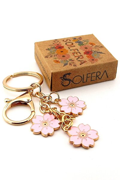 Solfera Pembe Çiçekler Bahar Çanta Süsü Charm Sarı Metal Anahtarlık KY029
