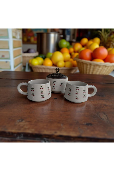 İlbay Çini Takı Classic Ceramic Baby Cherry Mug and Ayşen Sugar Bowl