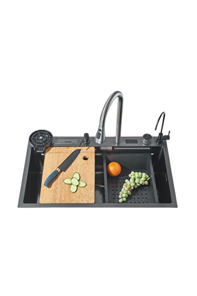 BisDesign Chiuvetă de bucătărie multifuncțională, accesorii incluse, material antiaderent, afișaj LCD, gri închis 75x46