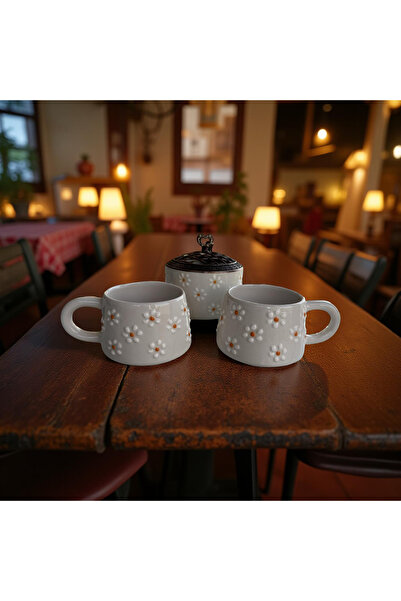 İlbay Çini Takı Ceramic Meadow Daisy Classic Mug and Ayşen Metal Lid Sugar Bowl