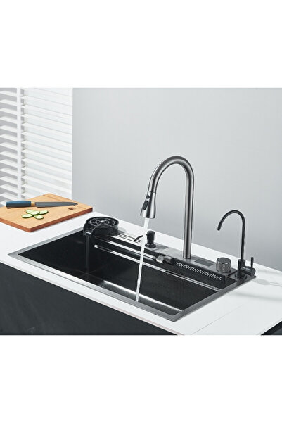 BisDesign Chiuvetă de bucătărie multifuncțională, accesorii incluse, material antiaderent, afișaj LCD, gri închis 75x46