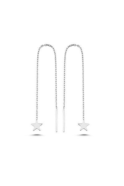 Nereze 925 Ayar Gümüş Rodyum Kaplama Minik Yıldız Zincir Küpe