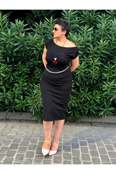 wisteriA KAYIK YAKA BÜZGÜLÜ DÜŞÜK KOL KEMER DETAYLI MİDİ BOY ELBİSE