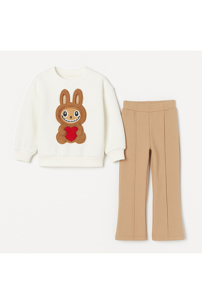 ibeeka Girl's 3-Thread Ribbed Plush Print Detailed Sweatshirt - Tracksuit Top and Bottom Set