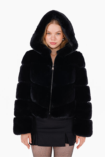 Nazfur VESTA İthal Peluşlu Dolgun Kapüşonlu Siyah Suni Kürk Ceket