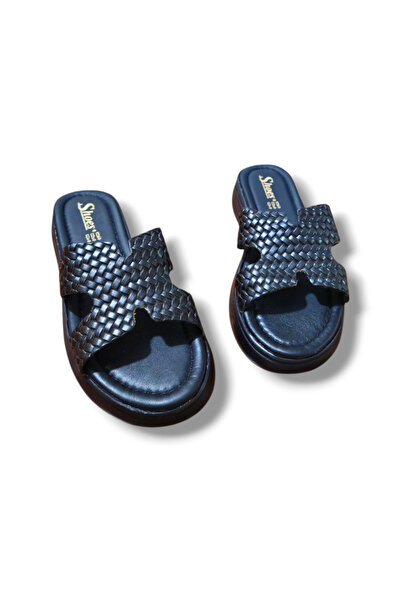 BARONES SHOES Genuine Leather H Detailed Knitted High Sole Slippers