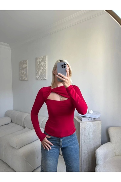 Zora Butik Göğüs Pencere Kruvaze Bluz - KIRMIZI