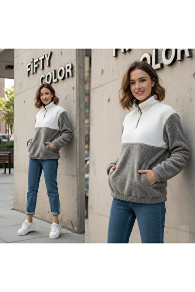 Fifty Color Hanorac de pluș pentru femei cu jumătate de fermoar - Top confort...