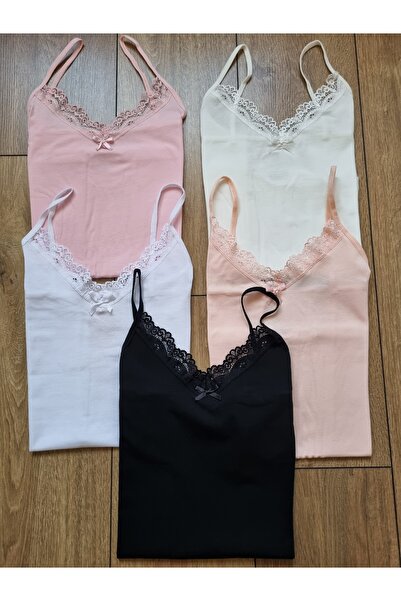 Demirsa Boutique Women's 5-Pack Cotton Lace V-Neck Tank Top with String Straps (Black-White-Ecru-Pink-Light Salmon)