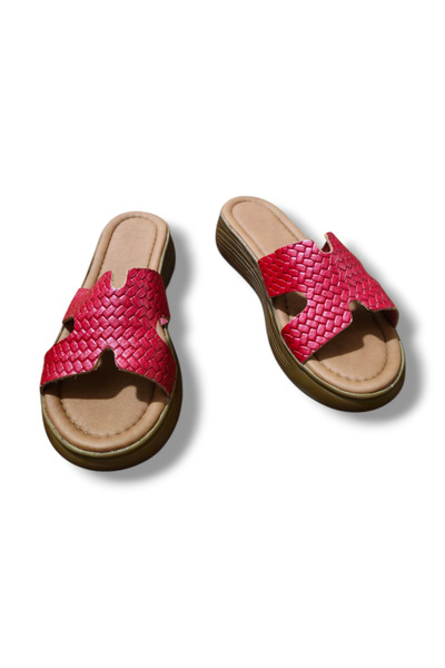 BARONES SHOES Genuine Leather H Detailed Knitted High Sole Slippers