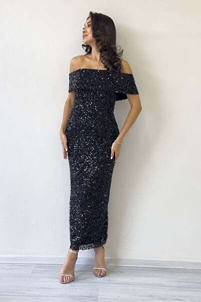 zks grup tekstil Rochie de seara midi pentru femei, cu decolteu Madonna, cu p...