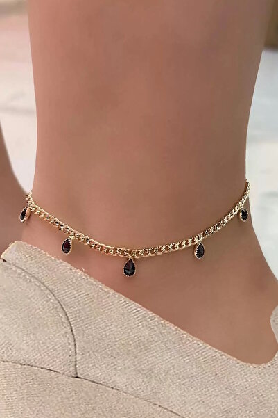 CAŞ DEKORASYON Gold Color Black Stone Anklet
