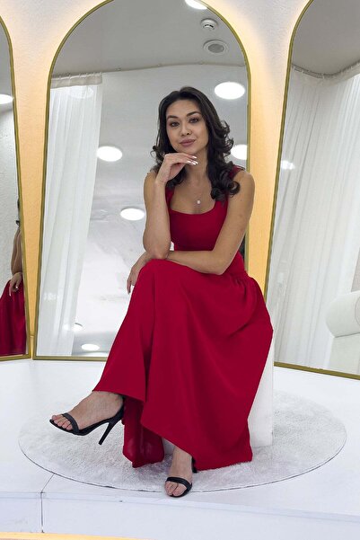 zks grup tekstil Square Neck Thick Strap Flared Dress Black, Saks Blue, Lilac, Red