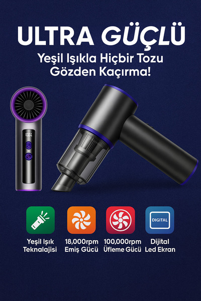 KETENOFFİCİAL D-33 Şarjlı Araç İçi Süpürge 18.000 Pa Dijital Yeşil Işıklı Kab...