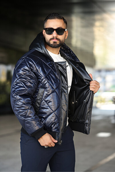 MİS MODA معطف شتوي من الجلد بغطاء رأس مزدوج الجوانب للرجال