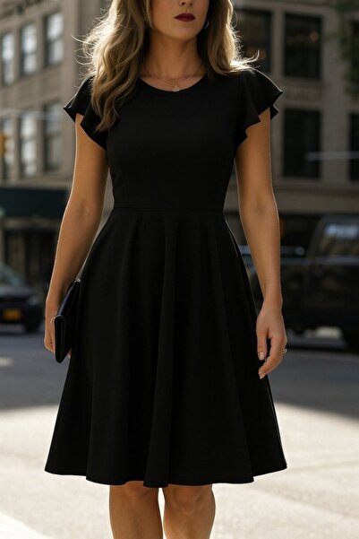 Viyamo Kadın Kelebek Kollu Bisiklet Yakalı Pileli Ithal Krep Elbise