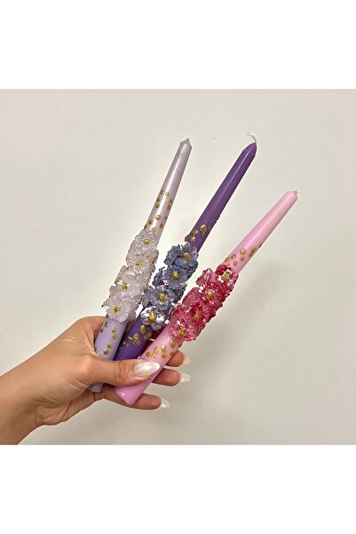 inrobert PEMBE MOR LİLA 3D FLOWER 3’LÜ MUM