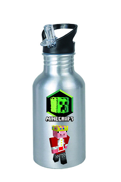 DKDZ SHOP Minecarfttt Baskılı Pipetli Gümüş Metal Suluk - 600ml