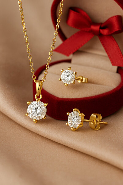 Crystal Diamond Zirconia 1 karat tektaş kolye ve küpe set ( Işıklı kutu ile gönderilir)