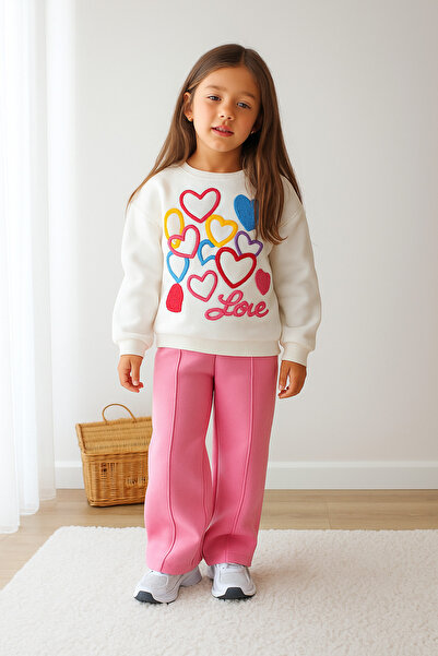 ibeeka Girl's Black 2-Piece Set - Red Organza Rose Detailed Sweatshirt & Comfortable Tracksuit Set