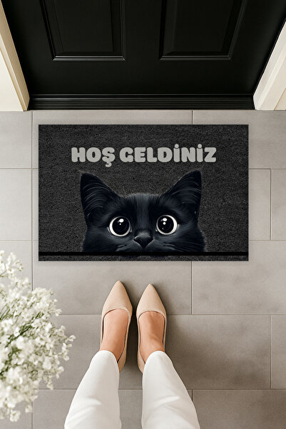 Dormot Modern Dijital Baskı Füme Zemin Siyah Kedi Kapı Önü Paspas 70x45cm