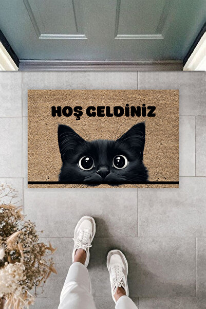 Dormot Modern Dijital Baskı Kahverengi Zemin Siyah Kedi Kapı Önü Paspas 70x45cm