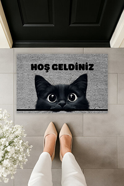 Dormot Modern Dijital Baskı Gri Zemin Siyah Kedi Kapı Önü Paspas 70x45cm