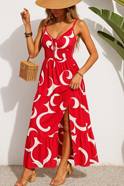 JANES Γυναικείο φόρεμα με λουράκι με κορδόνια με σχέδιο με σχέδιο