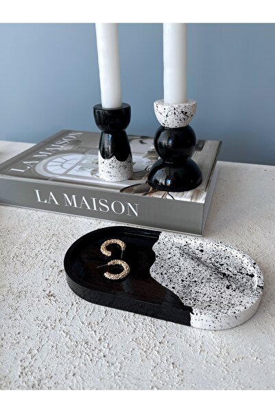 Ca.Gi El Yapımı Siyah-Beyaz Sıçratma Desenli Dekoratif Şamdan & Sunum Tabağı ...